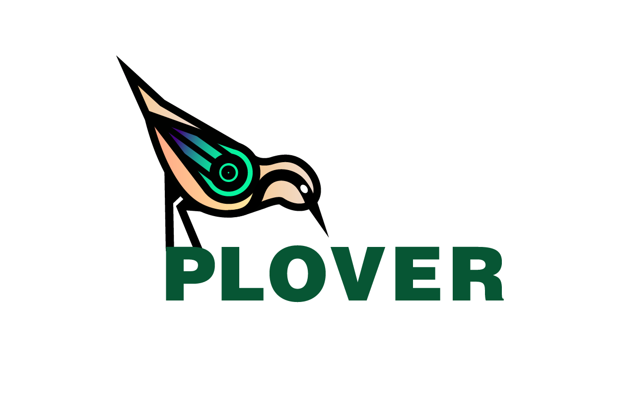 A small plover bird with a multicolored robotic wing symbiotically pecks at the 'teeth' of green text that says Plover and represents a crocodile's moth